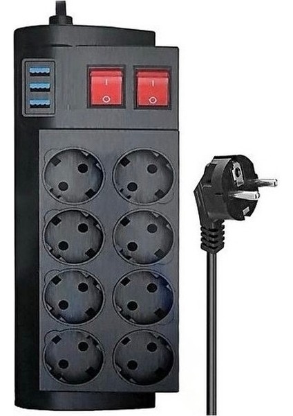 4000W Akım Korumalı 8'li Priz Çoklayıcı - 16A, 2 Anahtarlı, 3 Usb, 2 Metre Kablo Ist fırsatları