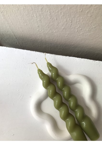 2'li Zeytin Yeşili Dekoratif Burgulu Spiral Şamdan Mumu - Renkli Dekoratif Mum modelleri