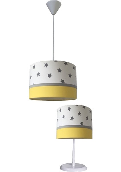 Beyaz Yıldızlı Sarı 2.li Set M-0405 Kumaş Kaplama Genç ve Çocuk Odası Avize ve Abajur Takımı