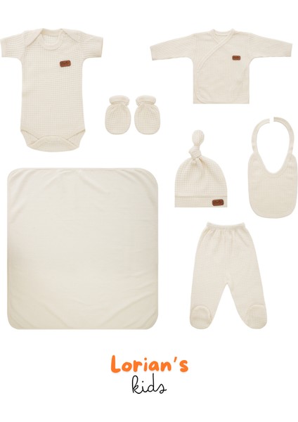 Yeni Doğan Petek Dokulu 7'li Battaniyeli Zıbın Takımı %100 Pamuklu Hastane Çıkışı- Krem