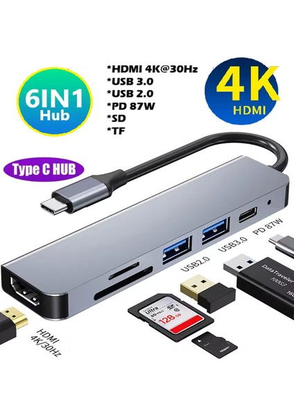 6 Port Çoğaltıcı Dönüştürücü 6 In 1 Type-C Hub Tel Pc Tablet 4K Hdmi Sd Tf Usb3.0/2.0
