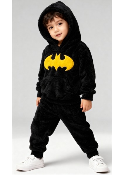 Welsoft Siyah Batman Desenli Kapşonlu Yumuşak Peluş Fermuarlı Alt - Üst Çocuk Takımı - 1 Yaş