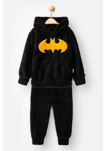 Welsoft Siyah Batman Desenli Kapşonlu Yumuşak Peluş Fermuarlı Alt - Üst Çocuk Takımı - 1 Yaş fiyatları