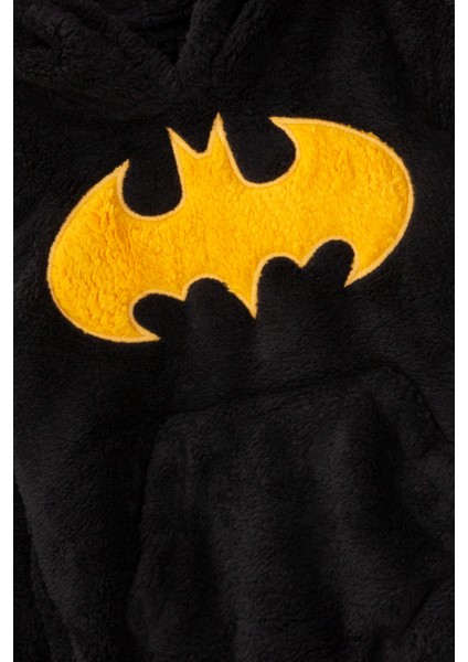 Welsoft Siyah Batman Desenli Kapşonlu Yumuşak Peluş Fermuarlı Alt - Üst Çocuk Takımı - 1 Yaş