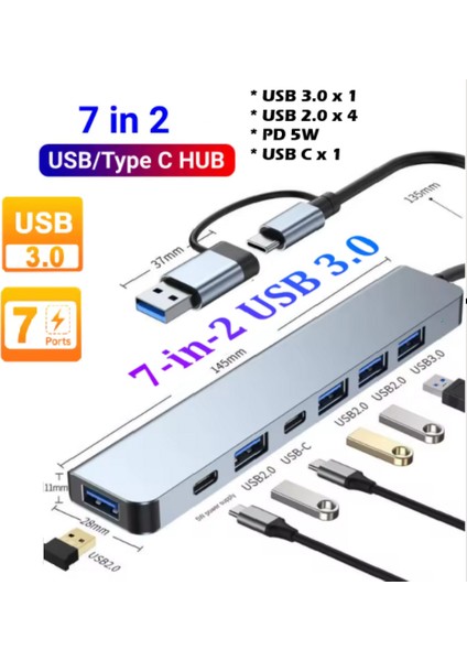 7 In 2 Hub 7 Port Çoklayıcı Çevirici USB / Type-C To Usb-C-Usb 2.0-3.0 Switch Data