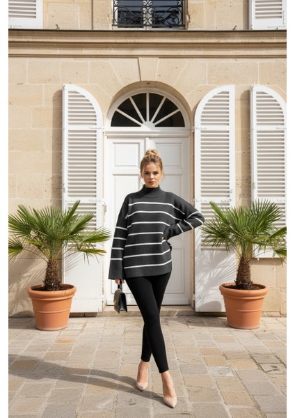 Çizgili Ispanyol Kol Triko Boğazlı Kazak Antrasit Elf