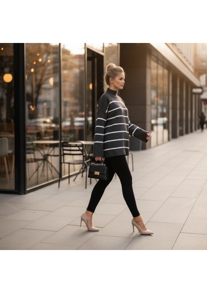 Çizgili Ispanyol Kol Triko Boğazlı Kazak Antrasit Elf fiyatları