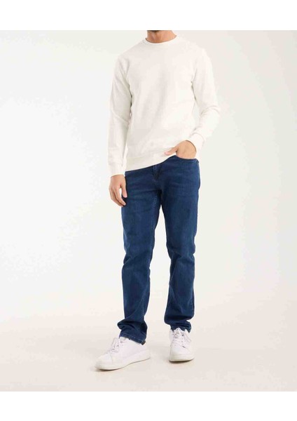 Regular Fit Beyaz Paris Arma Bisiklet Yaka Uzun Kol