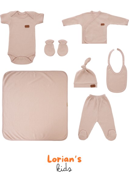 Yeni Doğan Petek Dokulu 7'li Battaniyeli Zıbın Takımı %100 Pamuklu Hastane Çıkışı- Pudra
