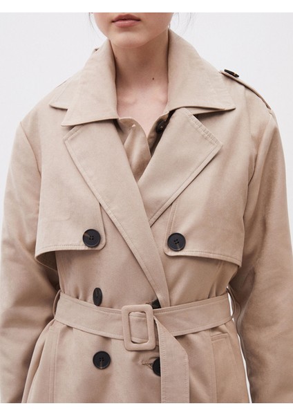 Yeni Sezon Ceket Yaka Süet Görünümlü Kadın Trençkot modelleri