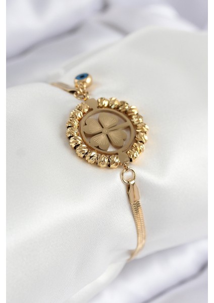 316L Çelik Nazar Boncuk Detaylı Yonca Model İtalyan Zincir Gold Renk Kadın Bileklik - TJ-BB7826