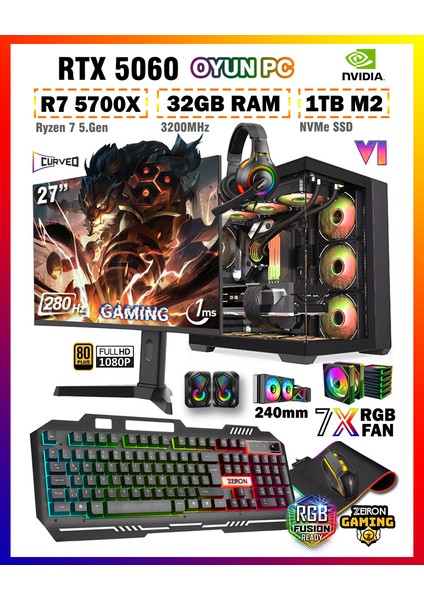 Warrior Eagle X55 Ryzen 7 5700X 32GB 1tb M.2 SSD RTX5060 27" 280Hz Sıvı Soğutmalı Oyuncu Bilgisayar