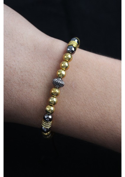 Doğal Taş Çember Model Gold Ve Füme Renk Asansörlü Erkek Bileklik - TJ-EB3761