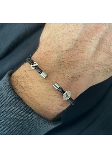 Gümüş Harfli-Çift Başlı Kartal Logolu Siyah Çelik Bileklik