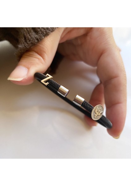 Gümüş Harfli-Çift Başlı Kartal Logolu Siyah Çelik Bileklik modelleri