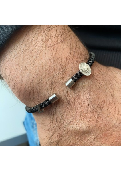 Gümüş Harfli-Çift Başlı Kartal Logolu Siyah Çelik Bileklik indirimleri