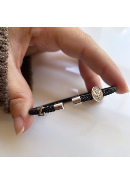 Gümüş Harfli-Çift Başlı Kartal Logolu Siyah Çelik Bileklik