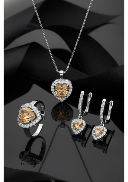 925 Ayar Sitrin Taşlı Rodyum Pırlanta Işıltılı Kalp 3'lü Gümüş Set-Takım *ayarlanabilir