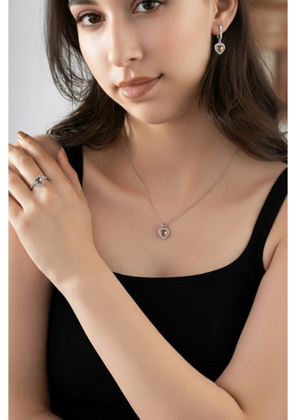 925 Ayar Sitrin Taşlı Rodyum Pırlanta Işıltılı Kalp 3'lü Gümüş Set-Takım *ayarlanabilir fiyatları