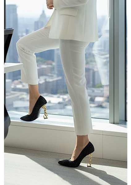 Siyah Taşlı Gold Topuklu Ayakkabı Taşlı Ayakkabı Kadın Abiye Ayakkabı indirimleri