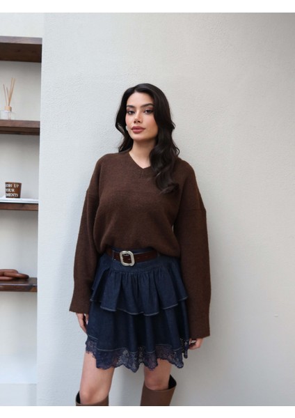 Dantelli Mini Kat Denim Etek fırsatları