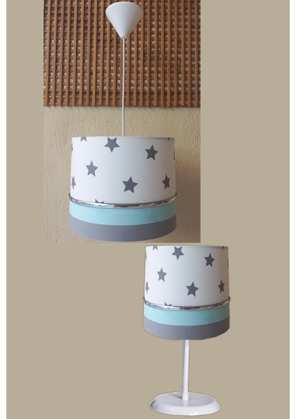 Beyaz Yıldızlı Yeşil 2.li Set M-0409 Kumaş Kaplama Genç ve Çocuk Odası Avize ve Abajur Takımı