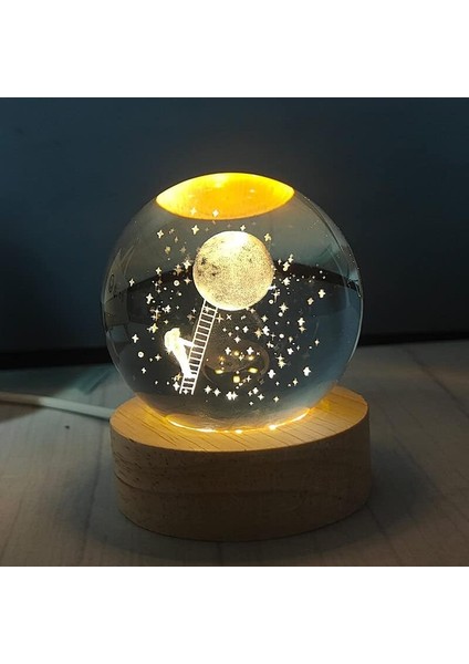 3d kristal cam küre ahşap kaideli gece lambası - astronot ve ay