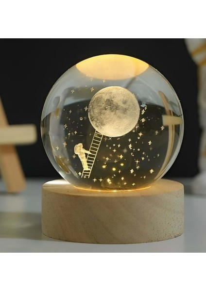3d kristal cam küre ahşap kaideli gece lambası - astronot ve ay fiyatları