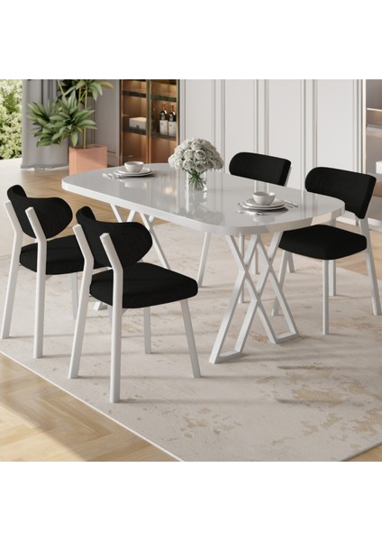 Axton Serisi Sabit Mdf 90X168 Beyaz Mutfak Masa Takımı 4 Siyah Sandalye