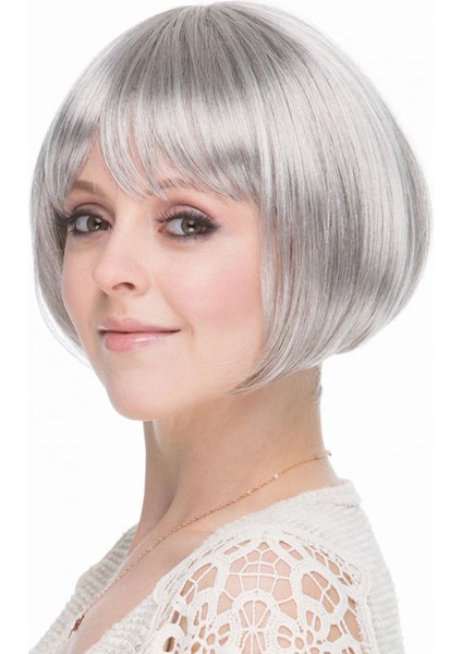 Ieg® Gri Gümüş Renk Düz Kesim Astarlı Küt Parti Peruğu