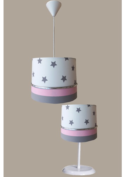 Beyaz Yıldızlı Pembe 2.li Set M-0407 Kumaş Kaplama Genç ve Çocuk Odası Avize ve Abajur Takımı