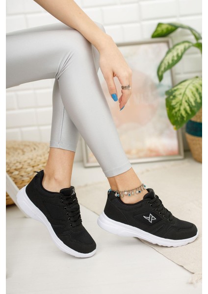 Unisex Siyah Beyaz Günlük Rahat Yürüyüş Ayakkabısı File Detaylı Sneaker Spor Ayakkabı