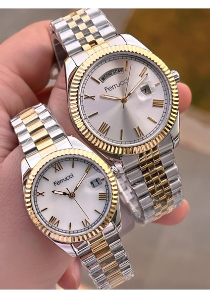 Ferrucci Çiftlere Özel Çelik Kordon Takvimli Kadran Sevgili Kombini Özel Çift Saati CFT.13029C01