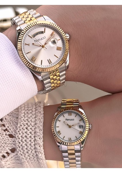 Ferrucci Çiftlere Özel Çelik Kordon Takvimli Kadran Sevgili Kombini Özel Çift Saati CFT.13029C01 modelleri