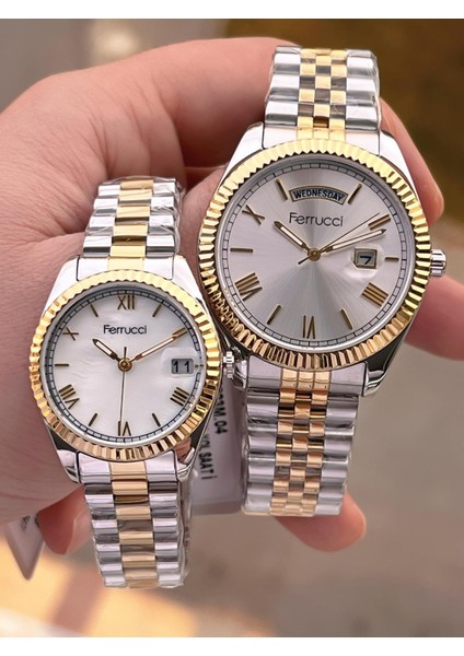 Ferrucci Çiftlere Özel Çelik Kordon Takvimli Kadran Sevgili Kombini Özel Çift Saati CFT.13029C01 fırsatları