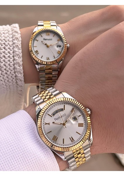 Ferrucci Çiftlere Özel Çelik Kordon Takvimli Kadran Sevgili Kombini Özel Çift Saati CFT.13029C01 indirimleri