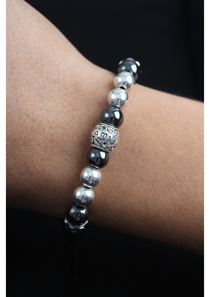 Doğal Taş Family Model Gümüş Ve Füme Renk Asansörlü Erkek Bileklik - TJ-EB3760