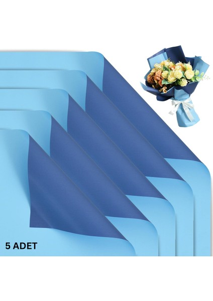 Çiçek Ambalaj Kağıdı 5li, Çift Yüzlü Mat Şeffaf Buket Sargı Kağıdı, Açık & Koyu Mavi, 58X58 cm