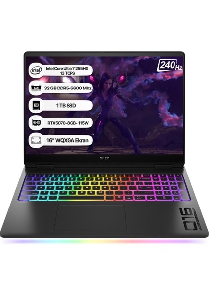 Omen Max 16-AH0021NT B92QXEA Ultra 7 255HX 32 GB 1 Tb SSD RTX5070 16" Wqxga Gaming Laptop - Outlet