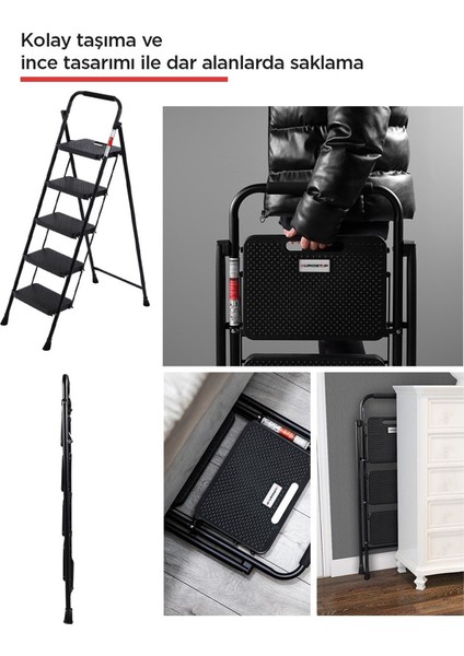 51405 Stepla Geniş 5 Basamaklı Katlanır Merdiven Eurotower Siyah 5 Basamaklı fırsatları