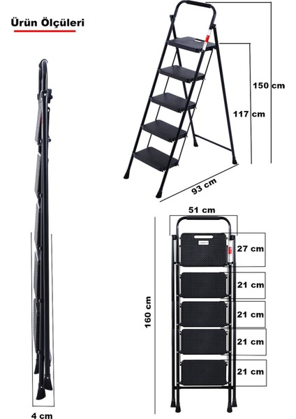 51405 Stepla Geniş 5 Basamaklı Katlanır Merdiven Eurotower Siyah 5 Basamaklı indirimleri