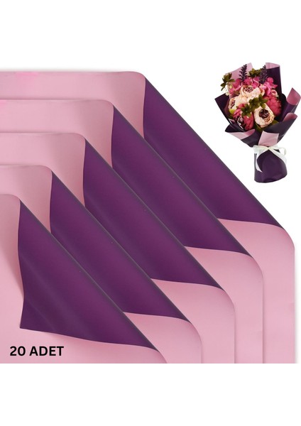 Çiçek Ambalaj Kağıdı 20LI, Çift Yüzlü Mat Şeffaf Hediye Buket Sargı Kağıdı, Mor & Pembe, 58X58 cm