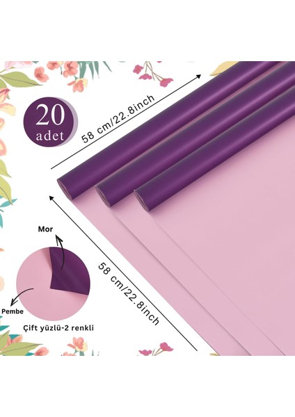 Çiçek Ambalaj Kağıdı 20LI, Çift Yüzlü Mat Şeffaf Hediye Buket Sargı Kağıdı, Mor & Pembe, 58X58 cm fiyatları