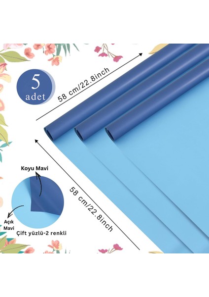 Çiçek Ambalaj Kağıdı 5li, Çift Yüzlü Mat Şeffaf Buket Sargı Kağıdı, Açık & Koyu Mavi, 58X58 cm fiyatları