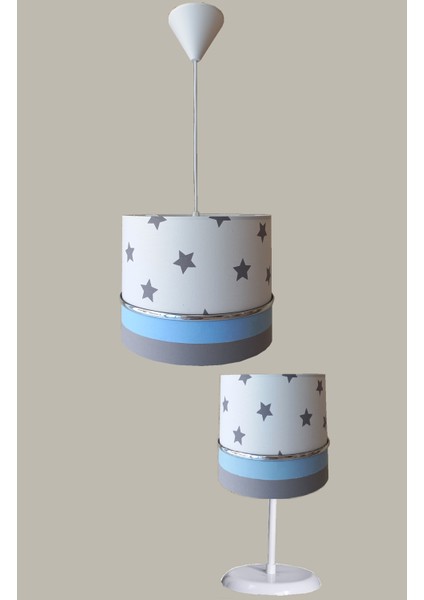 Beyaz Yıldızlı Mavi 2.li Set M-0408 Kumaş Kaplama Genç ve Çocuk Odası Avize ve Abajur Takımı