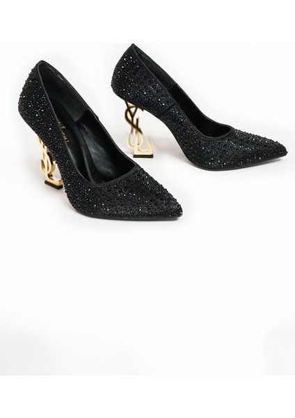 Siyah Taşlı Gold Topuklu Ayakkabı Taşlı Ayakkabı Kadın Abiye Ayakkabı modelleri