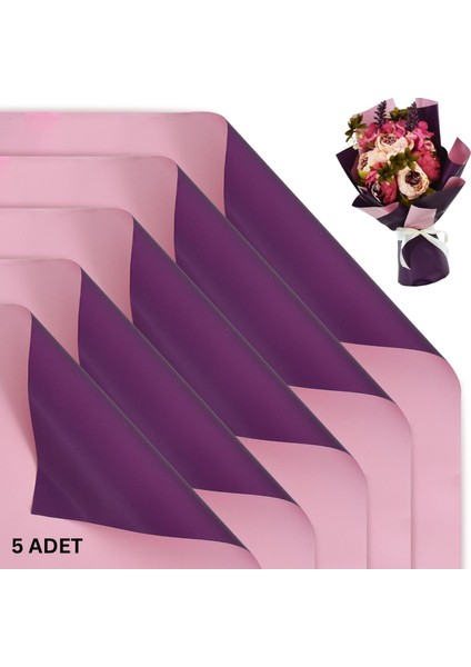 Çiçek Ambalaj Kağıdı 5li, Çift Yüzlü Mat Şeffaf Hediye Buket Sargı Kağıdı, Mor & Pembe, 58X58 cm