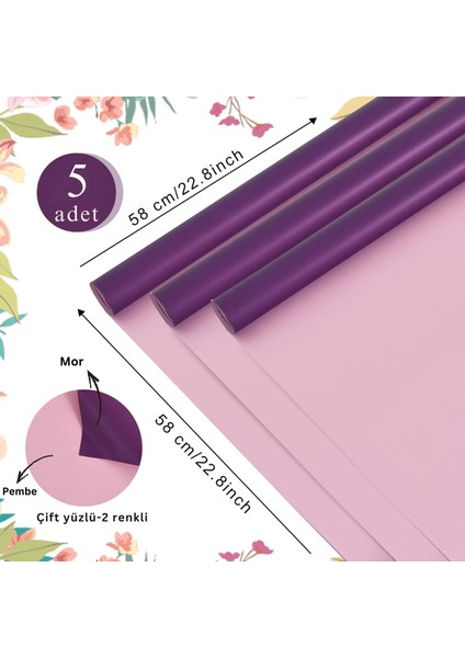 Çiçek Ambalaj Kağıdı 5li, Çift Yüzlü Mat Şeffaf Hediye Buket Sargı Kağıdı, Mor & Pembe, 58X58 cm fiyatları