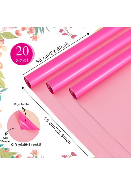 Çiçek Ambalaj Kağıdı 20LI, Çift Yüzlü Mat Şeffaf Buket Sargı Kağıdı, Açık & Koyu Pembe, 58X58 cm fiyatları