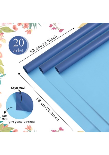 Çiçek Ambalaj Kağıdı 20LI, Çift Yüzlü Mat Şeffaf Buket Sargı Kağıdı, Açık & Koyu Mavi, 58X58 cm fiyatları